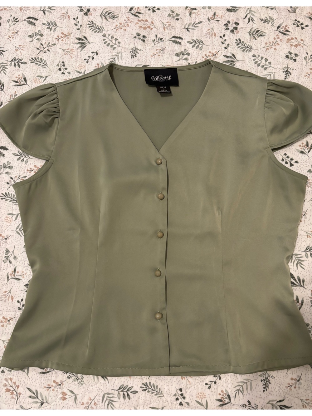 Collectif Olive Green V-Neck Button Front Cap Sleeve Top